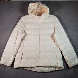 Uniqlo Ultra Light Down Puffer Jacket Womens M Cream Hooded Zip Up Gorp *READ*